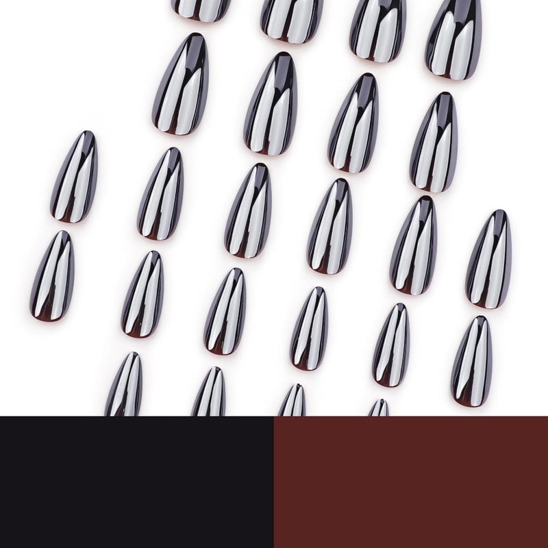 CTTHNBD Black Press on Nails Almond - Medium Fake Nails with Chrome Design - Glossy Full Cover Stick on False Nails for Women 24 Pcs - Image 4